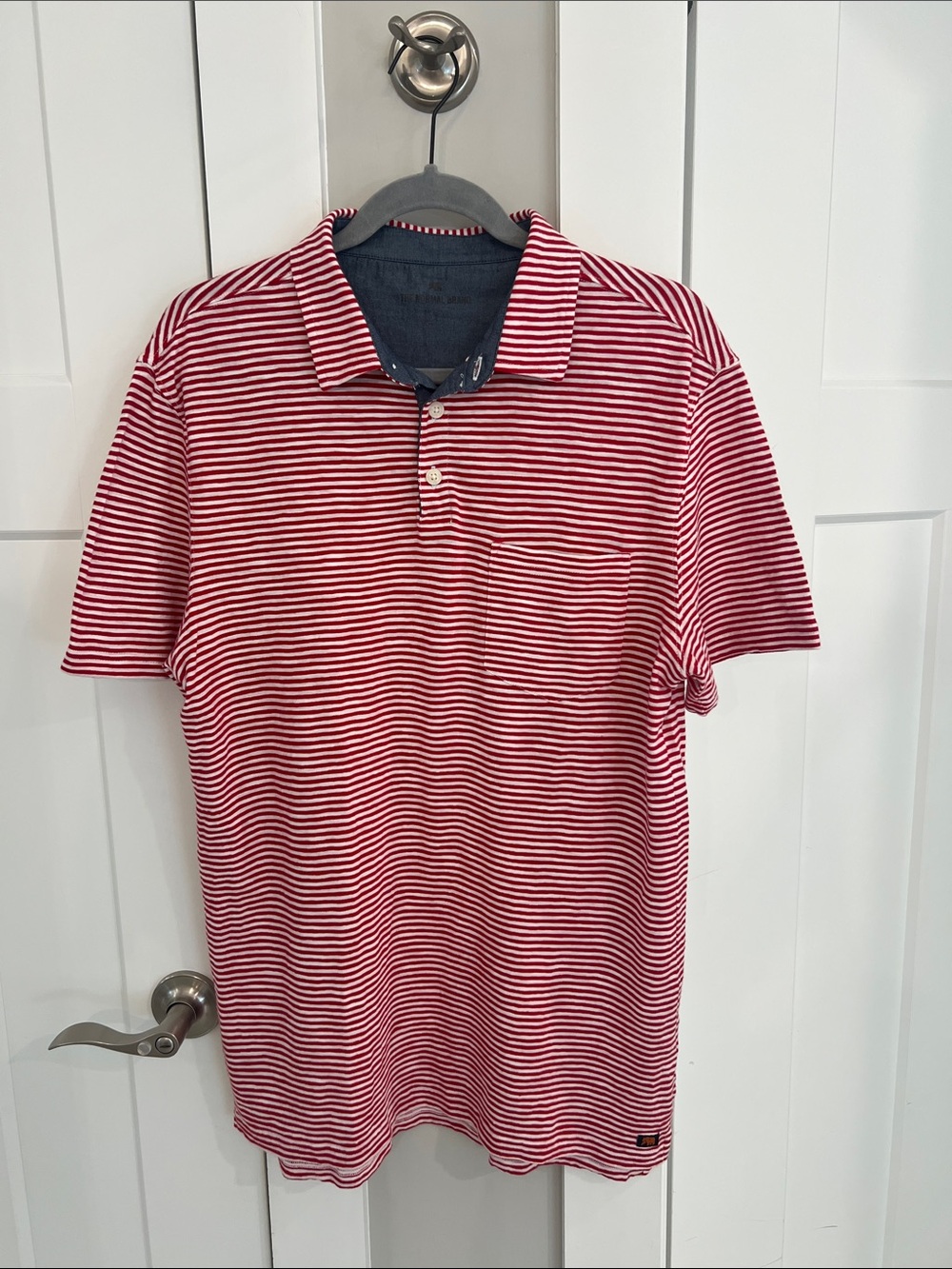 Men's The Normal Brand Red & White Striped Polo Shirt Medium